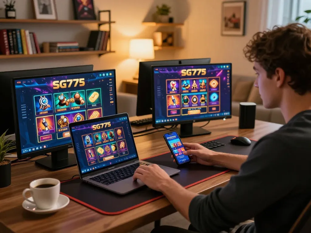 Player engaging with SG777 online casino on laptop and smartphone in a cozy home setting.