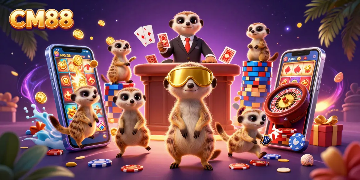Bet and win at CM88's lively casino with meerkats, spinning slot reels, and exciting game elements.
