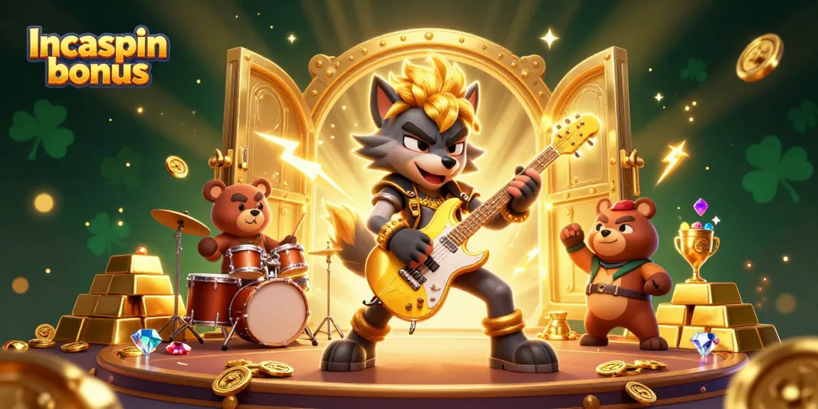 Experience exciting gameplay with the Incaspin bonus, featuring cartoon characters and dazzling casino elements.