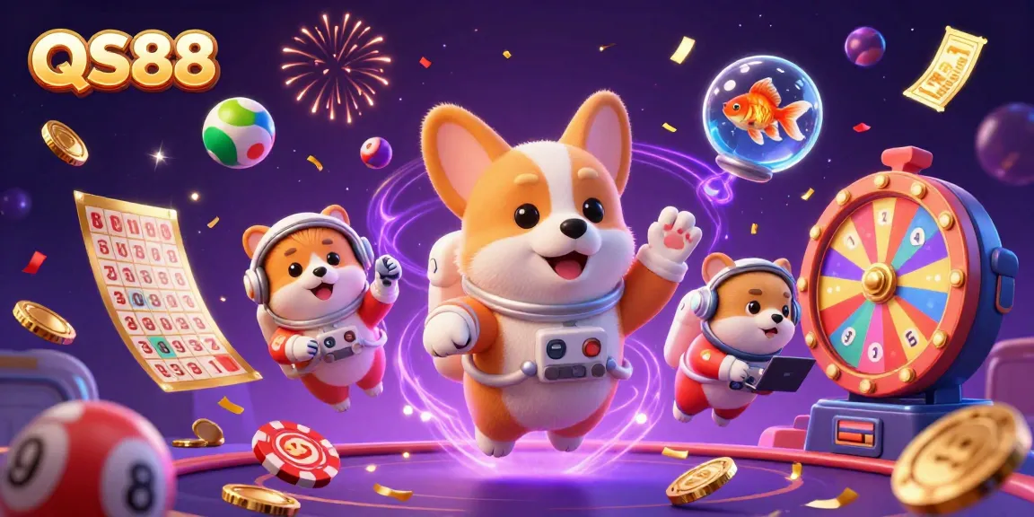 Experience the thrill of QS88 casino with dynamic floating characters and colorful lottery elements.