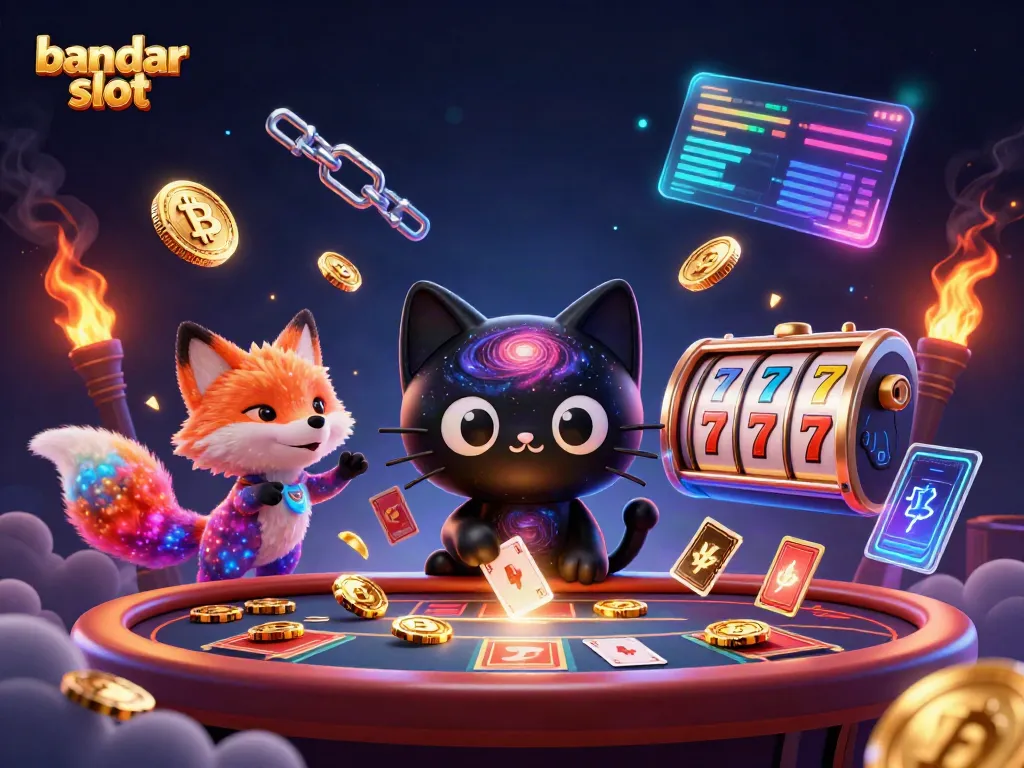 Menggulung chip emas dan kartu di meja kasino, bandar slot dengan kucing hitam dan rubah nebula sebagai teman.