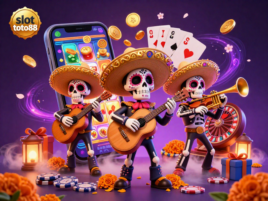 Engage in thrilling slot toto88 action with a festive mariachi band, golden coins, and a vibrant 3D game backdrop.