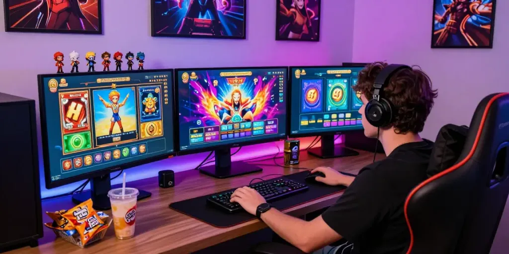 Engaging slot online gaming scene with player focused on vibrant game interfaces and colorful decor.
