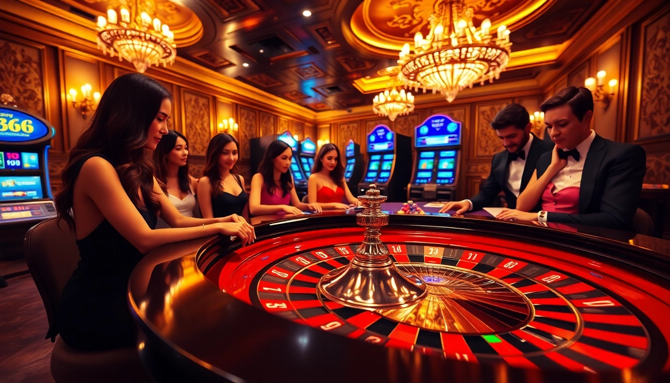 Engaging players at https://mm888.media/ in an elegant casino scene with roulette and poker.
