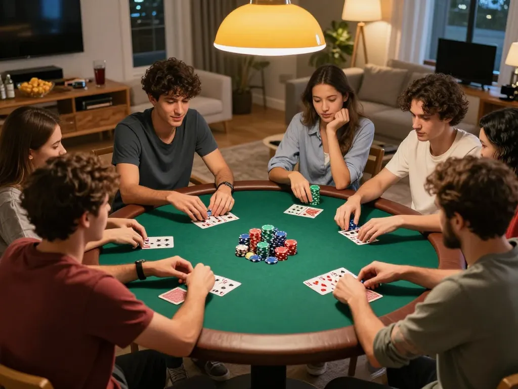 Friends enjoying a poker game night, showcasing Sunwin's strategic gameplay atmosphere with chips and cards.