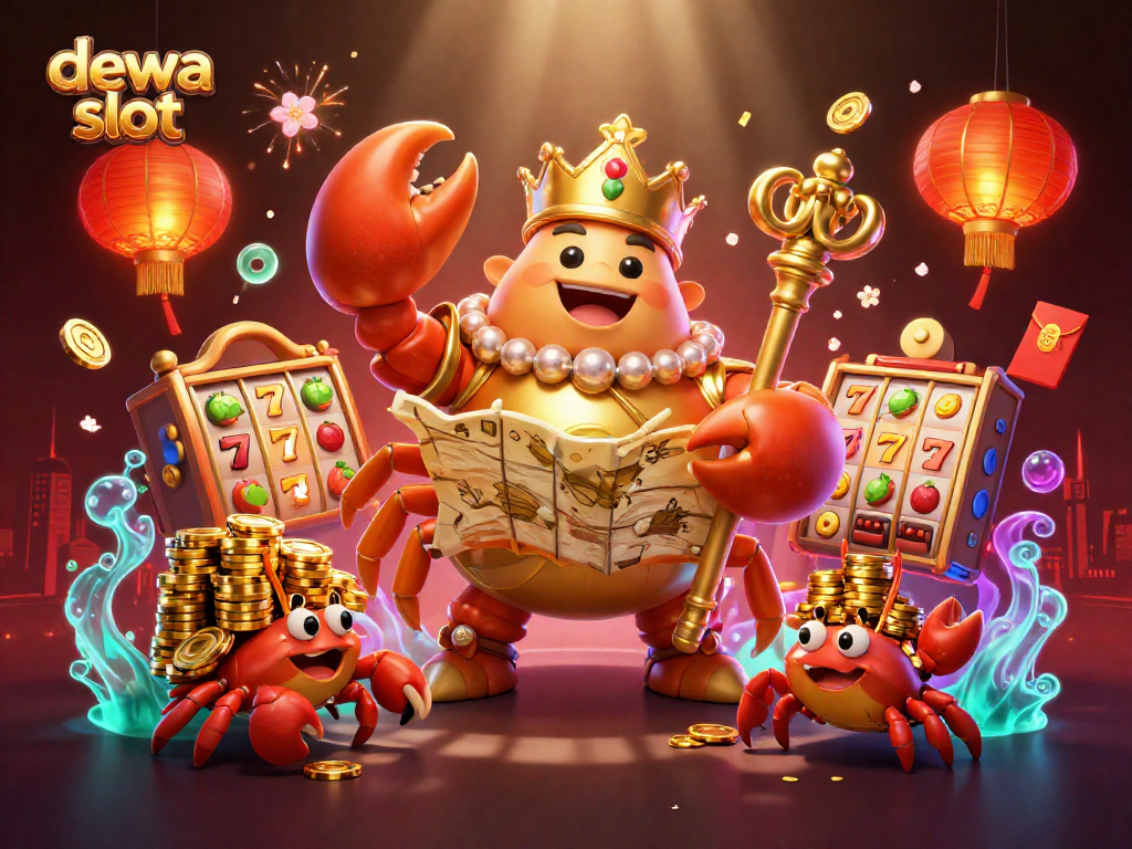 Menangkan permainan dewa slot dengan pengalaman visual yang memukau dari kaisar kepiting emas dan simbol keberuntungan di sekelilingnya.