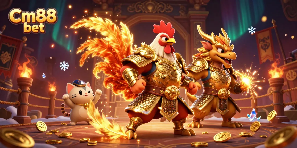 Experience the thrill of Cm88 bet with a dynamic 3D scene featuring a warrior rooster and dragon.