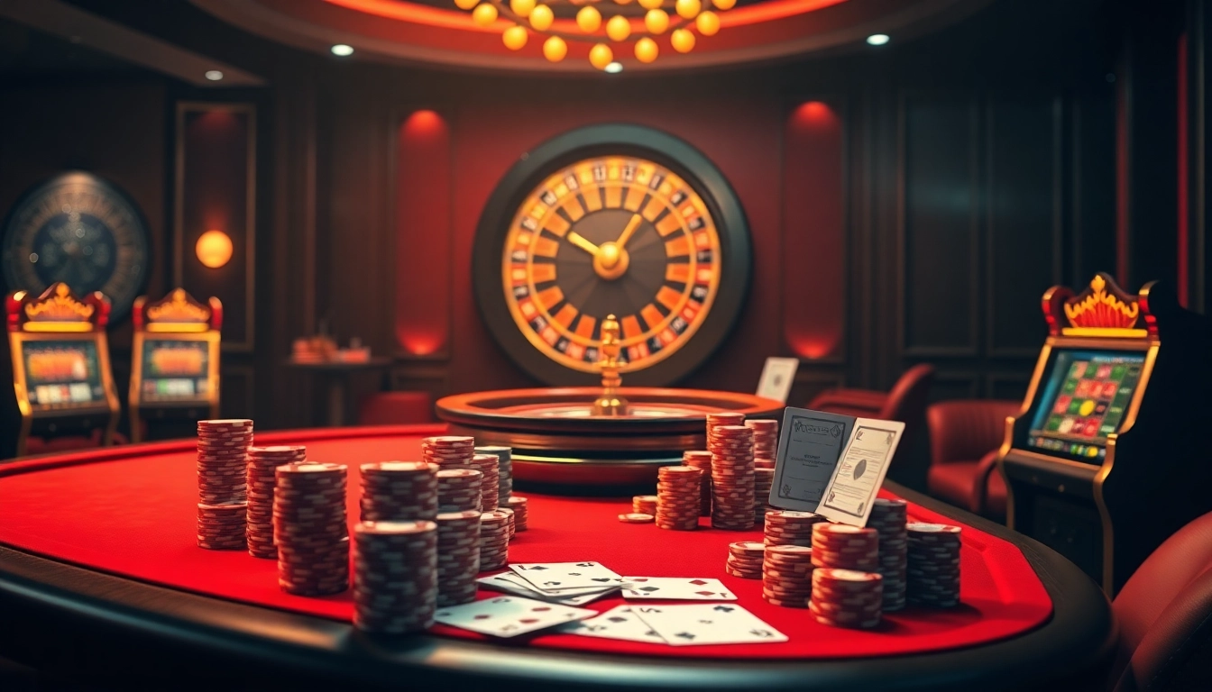 A thrilling gambling scene showcasing viral4d with poker chips, a roulette wheel, and slot machines.