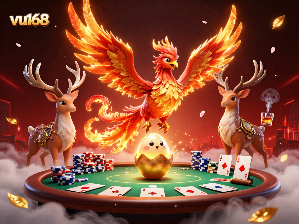 Place winning bets at vu168 with a lively fantasy scene of a fire phoenix and poker elements.