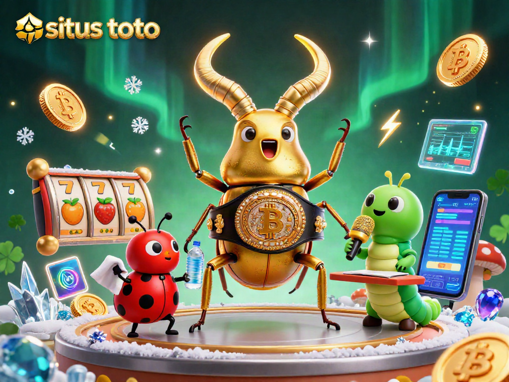 Engage with situs toto in this vibrant casino scene featuring a boxing beetle, slot elements, and crypto coins.