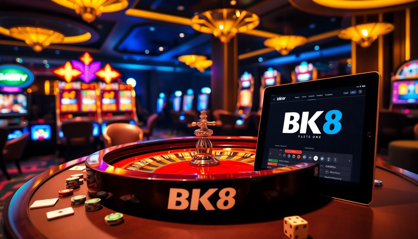 Experience the excitement of BK8 เว็บตรง with vibrant gaming elements, including tables, cards, and chips.