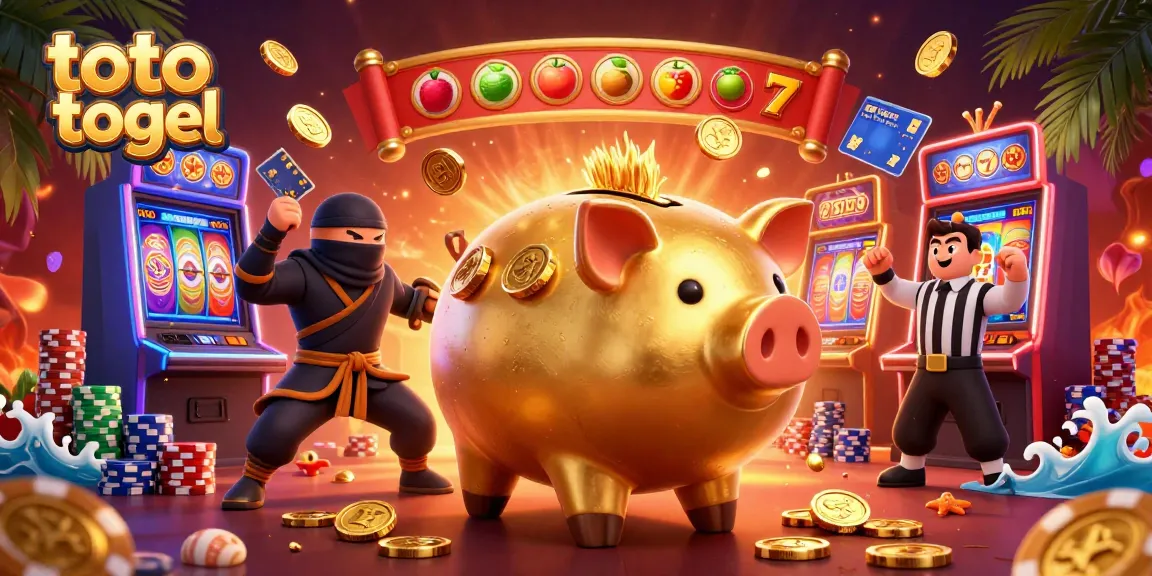 Win big with toto togel in this dynamic scene of a golden piggy bank and ninja characters.