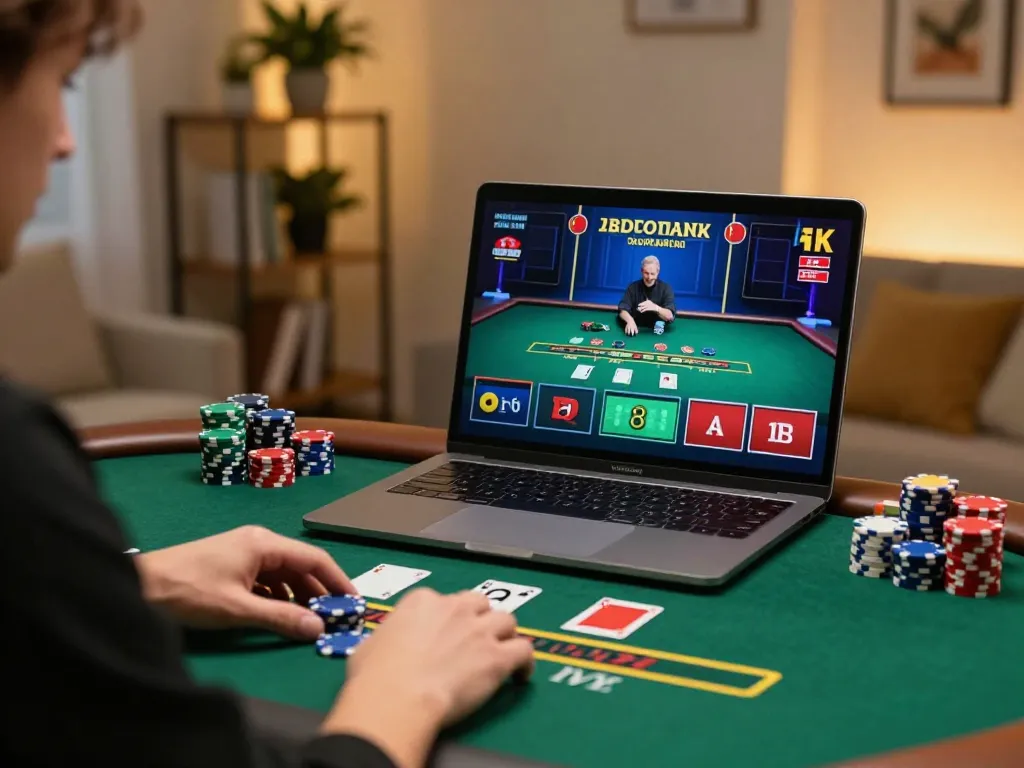 king33 player engaging in live dealer blackjack game at home with vibrant ambiance and cozy decor