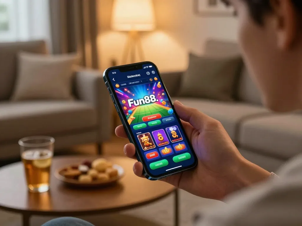 Engaged player using Fun88 app on smartphone in cozy home setting, showcasing mobile gambling excitement