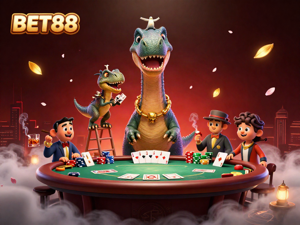 Experience the excitement of BET88 with a playful 3D dinosaur-themed casino illustration.