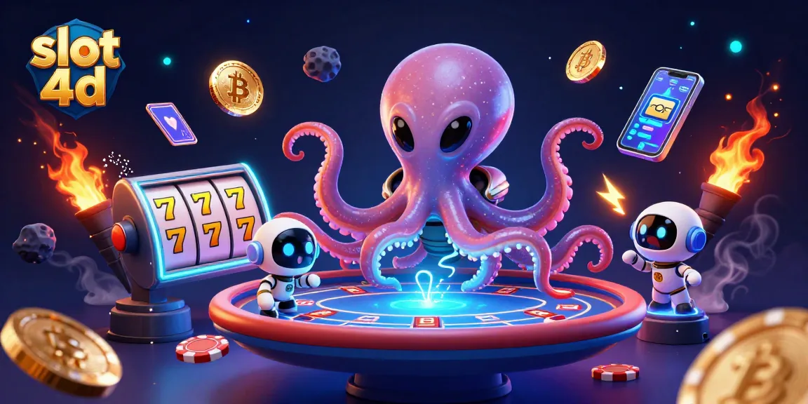 Engage with slot 4d action featuring an alien octopus at a holographic poker table amidst vibrant slots elements.
