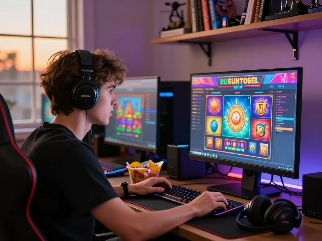 Engaged gamer exploring RUSUNTOGEL online slot games with vibrant graphics.