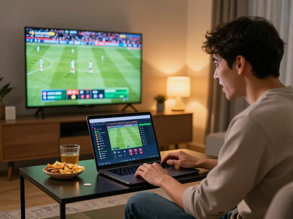 Person engaging in sports betting at home using Thể thao LUCK8 on their laptop, showcasing a vibrant sports betting scene.