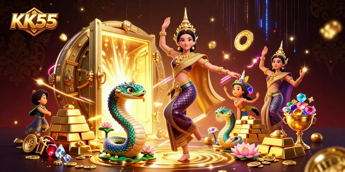 Experience the thrill of KK55 with vibrant casino visuals and a graceful Thai dancer amidst treasures.