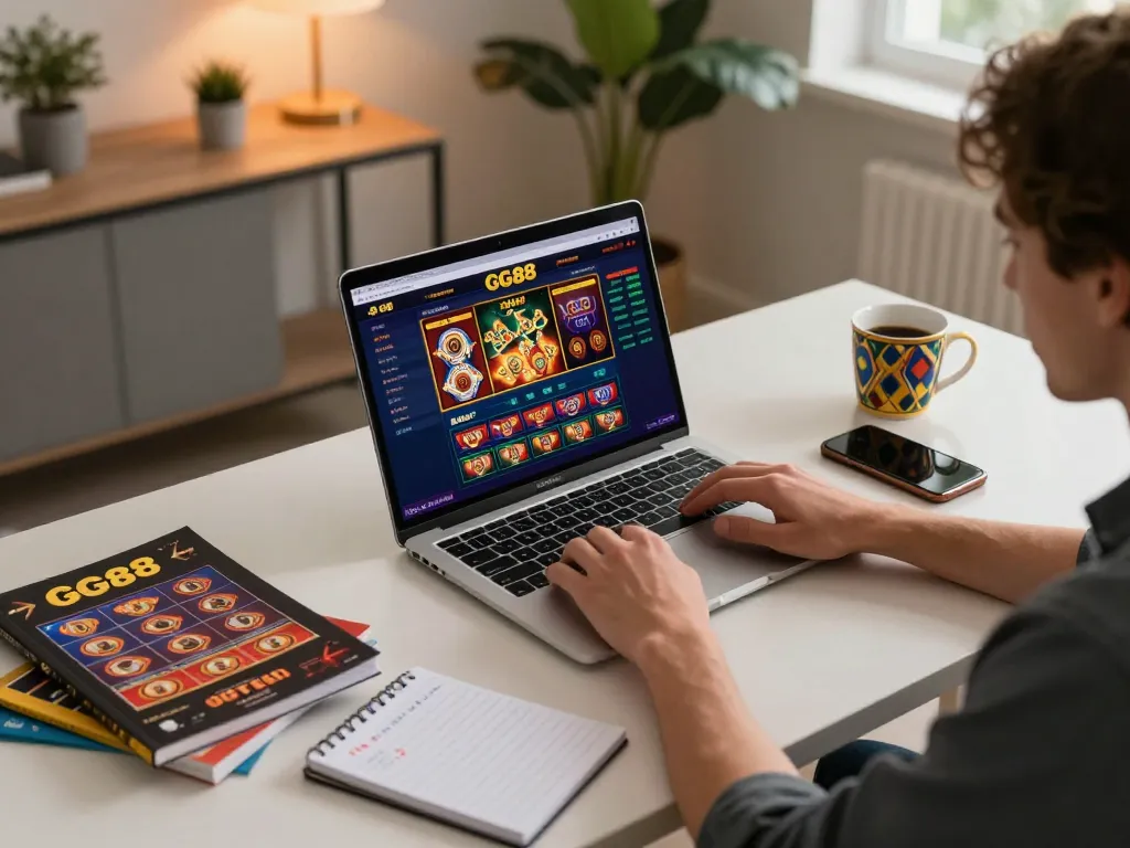 Player enjoying a gaming session on GG88's online platform, showcasing a modern home setup with laptop and tablet.