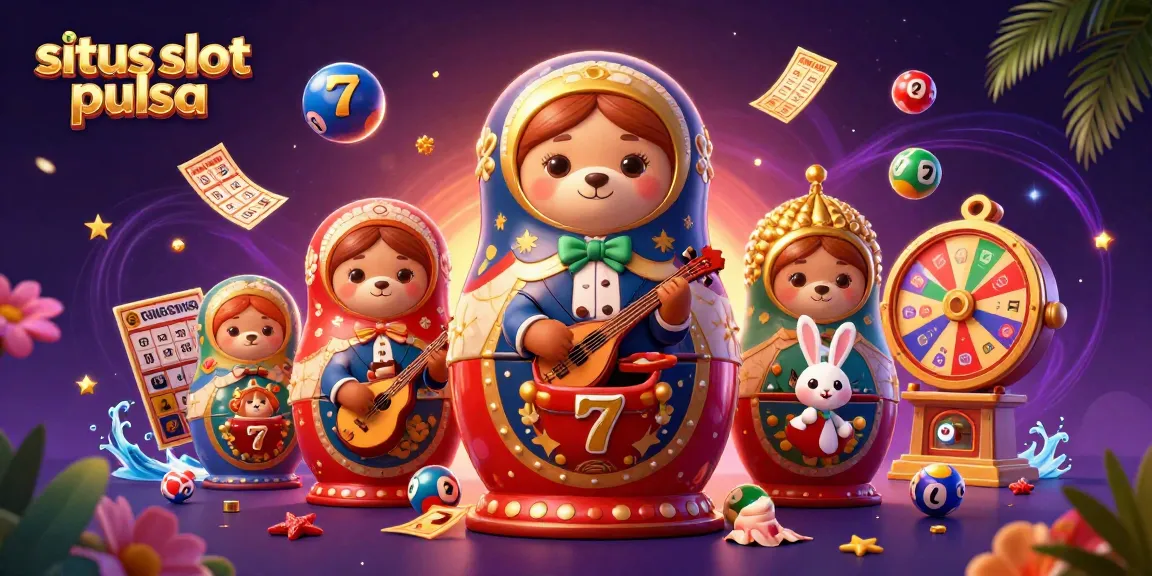 Ilustrasi situs slot pulsa dengan karakter bertema kasino, gulungan slot, dan elemen dinamis.