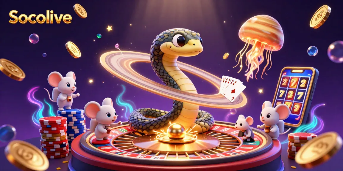 Socolive captivates viewers with an animated cosmic roulette scene featuring a Saturn ring snake and astronaut mice betting.