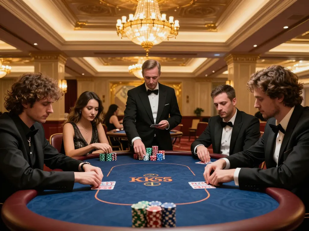 Players engaged in a high-stakes poker game at KK55 casino, showcasing strategic gameplay.