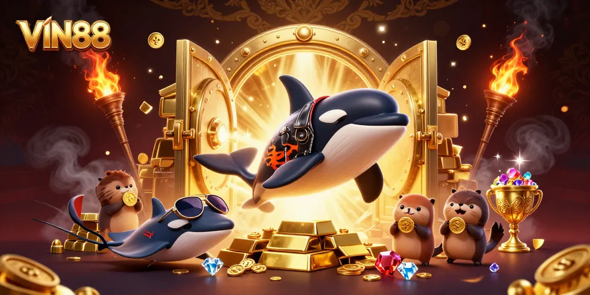 Play casino games like VIN88 with a vibrant scene of playful characters and treasures.