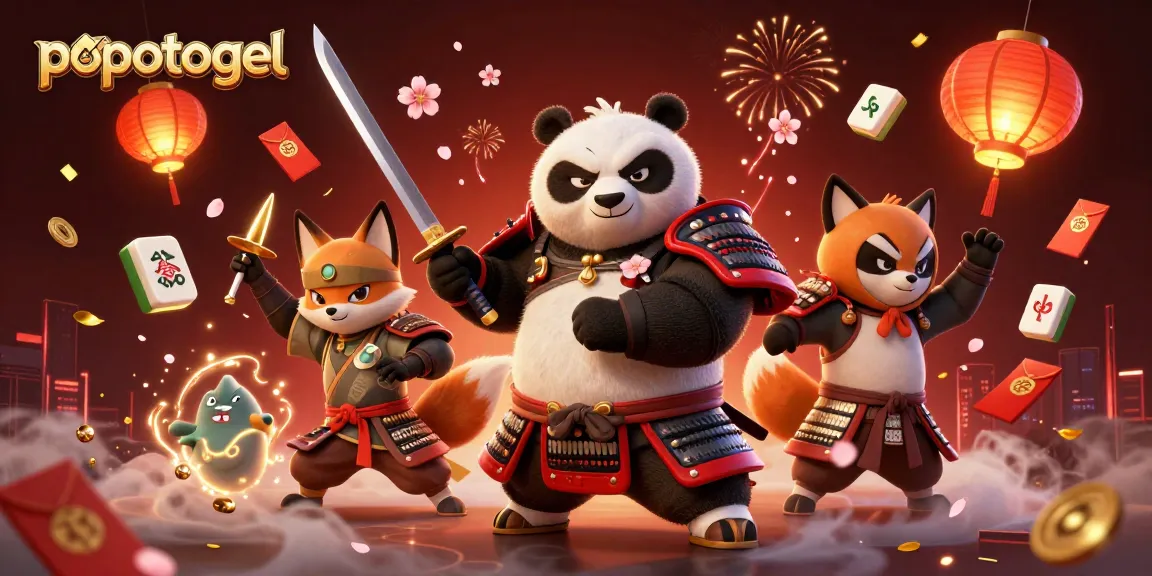 Experience popotogel with thrilling action from a samurai panda, ninja fox, and spirit tanuki amidst vibrant casino elements.
