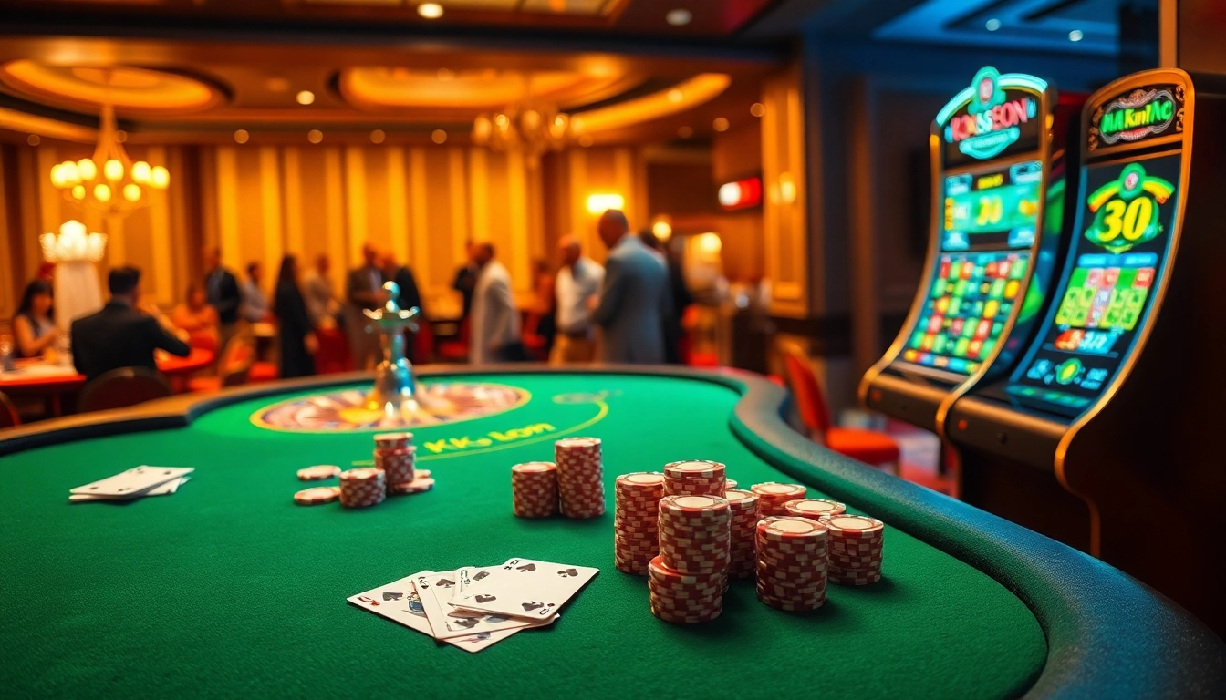 Engage with thrilling gameplay at KK55.com featuring poker chips, casino tables, and a spinning roulette wheel.