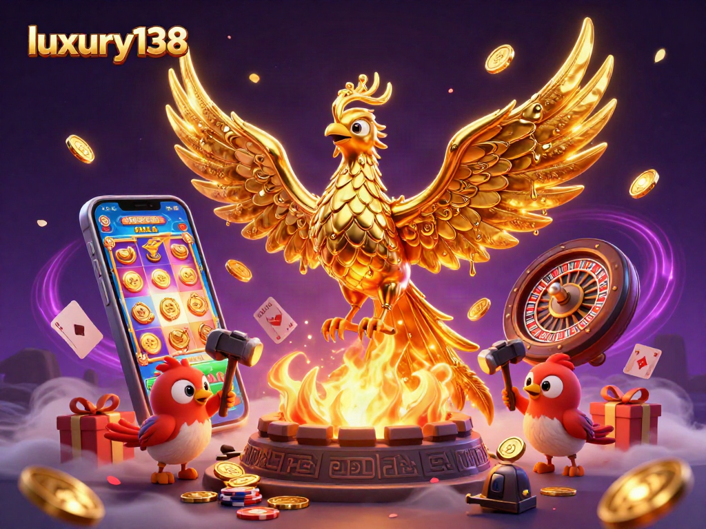 Menangkan permainan di luxury138 dengan ilustrasi kasino yang memukau, menampilkan phoenix emas dan elemen slot.