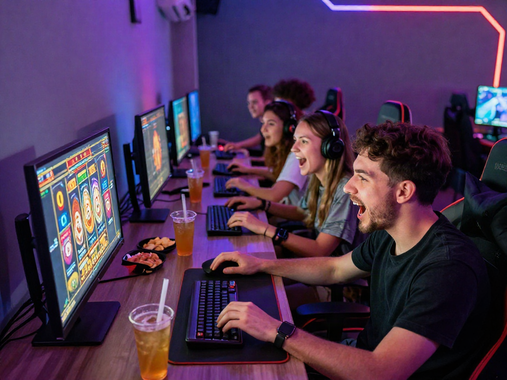 Engaged friends playing an exciting slot online game, capturing the vibrant online gaming atmosphere.