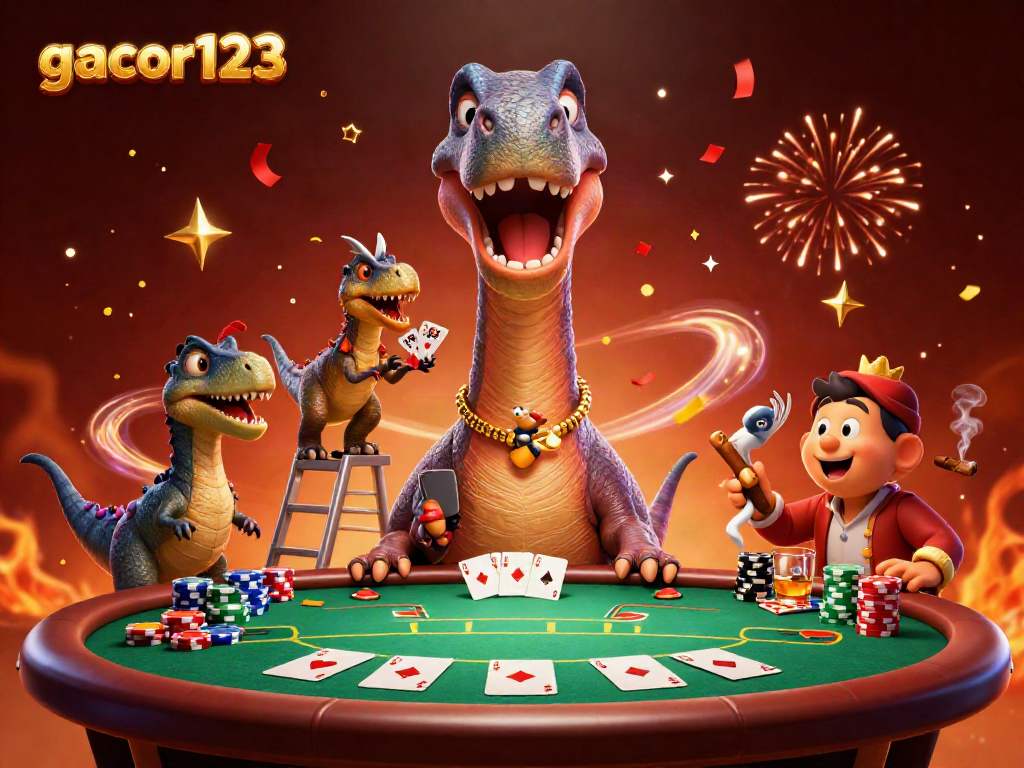 Engaging scene of gacor123 featuring a brontosaurus at a poker table, dynamic casino atmosphere