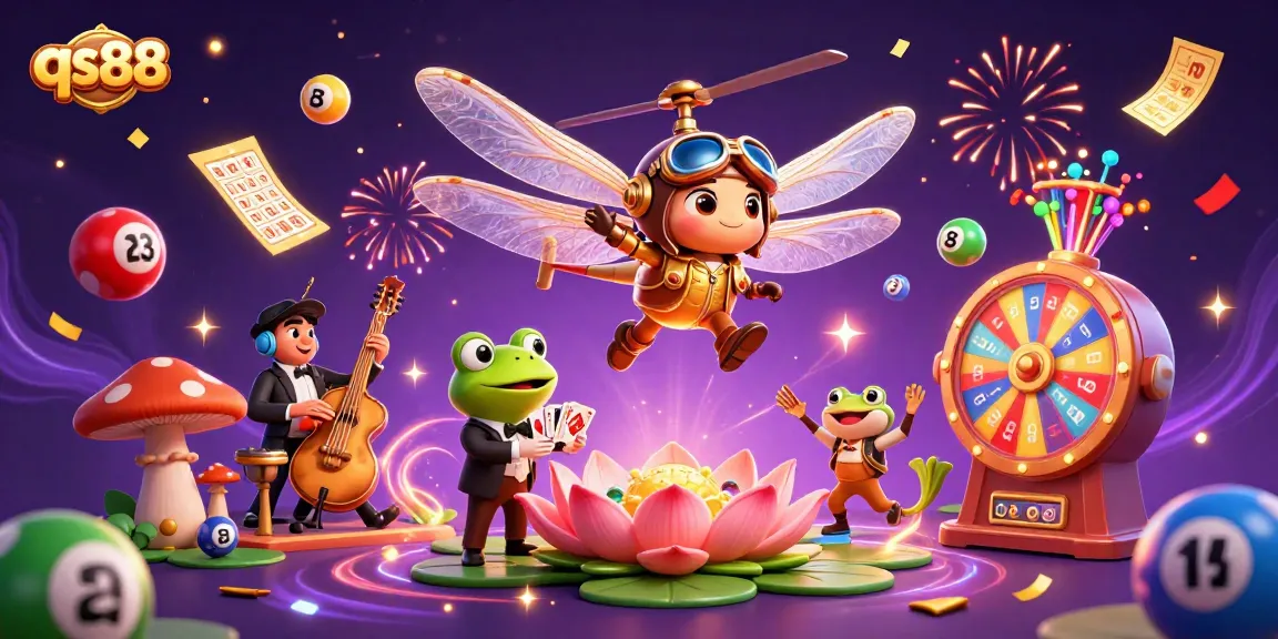 Experience thrilling gaming at qs88 with a dynamic scene of flying dragonfly pilot, frog croupier, and vibrant lottery elements.