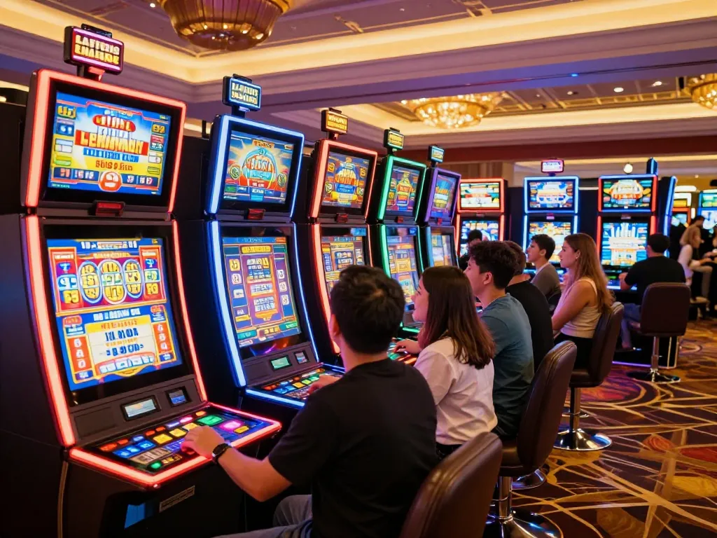Players enjoying link slot machines amidst vibrant casino atmosphere, highlighting excitement and engagement.