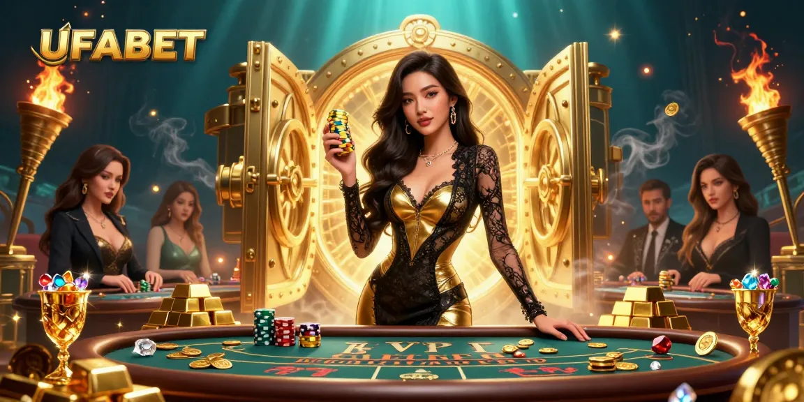 Win big at UFABET with a glamorous Asian woman gambling at a high-stakes baccarat table.