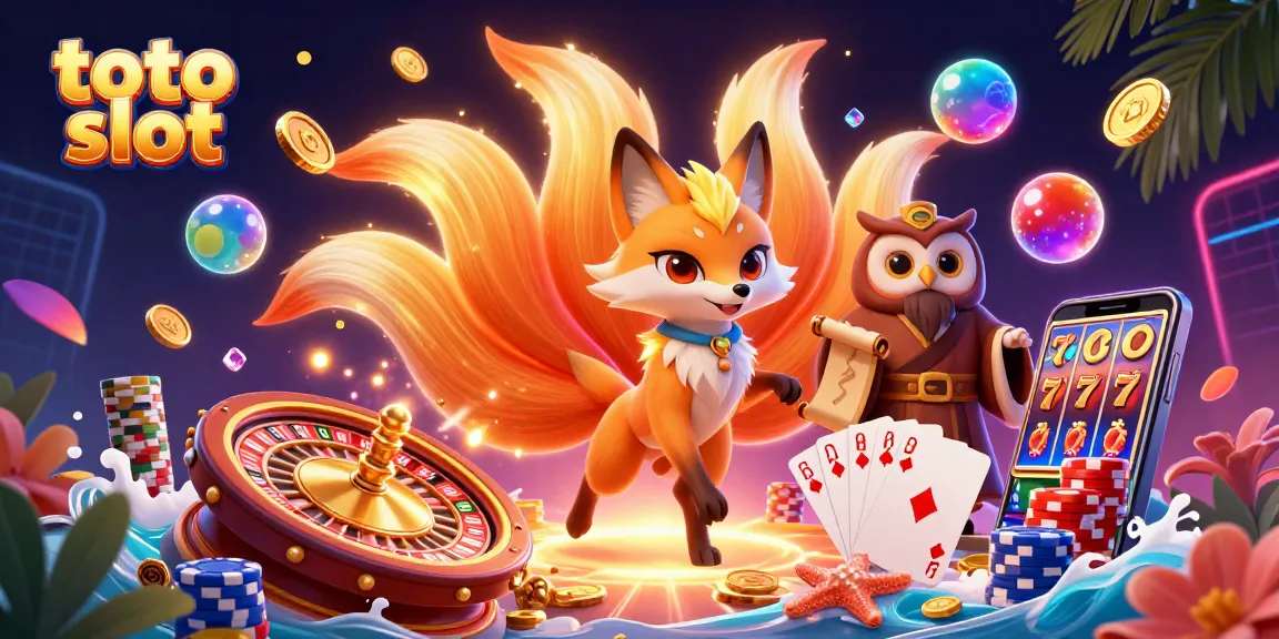 Experience thrilling toto slot action with a vibrant illustration of a nine-tailed fox and owl in a casino setting.