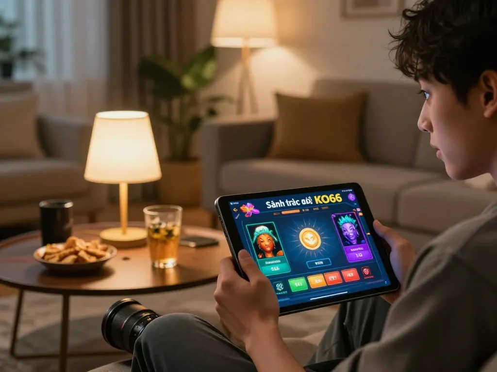 Sảnh trò chơi KO66 gaming interface shown on tablet during an engaging online session, player focused and relaxed.