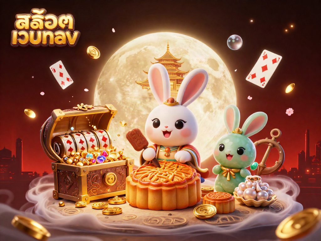Engage with สล็อตเว็บตรง in a vibrant casino scene featuring a whimsical moon rabbit and treasures.
