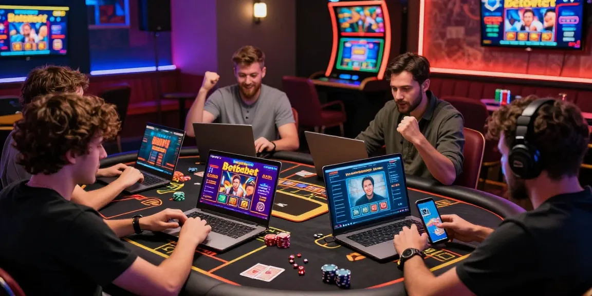Players enjoying Betebet online games on laptops and smartphones, celebrating wins in a vibrant digital casino atmosphere.