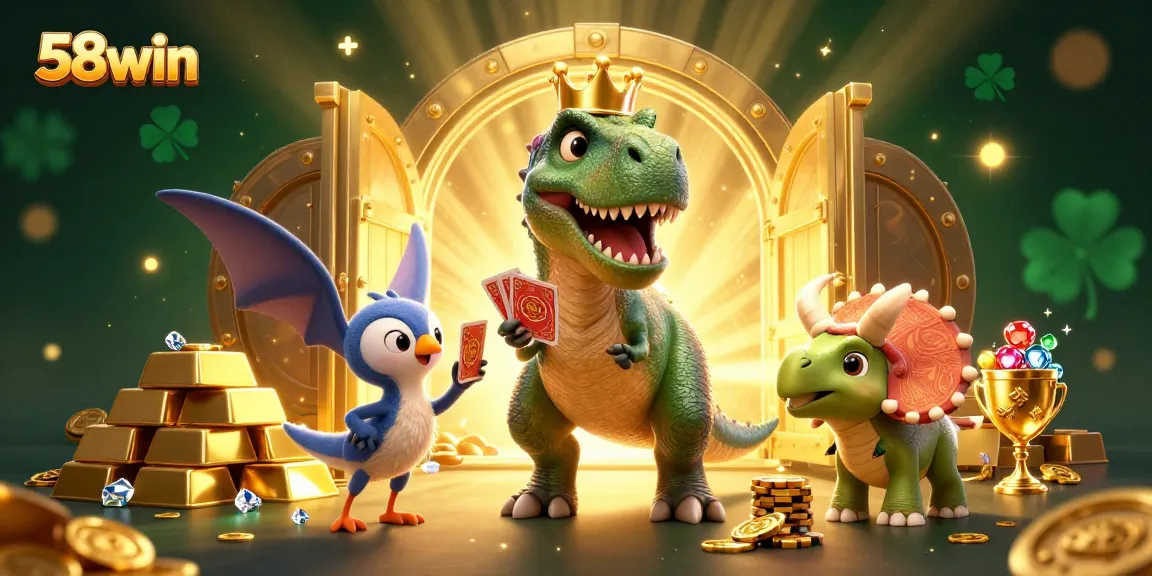 Experience the excitement of 58win while friendly dino characters shuffle cards and stack chips in a vibrant casino.