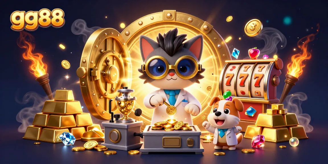 Experience thrilling gameplay with gg88 as a mad scientist cat creates a gold-coin machine in a casino scene.