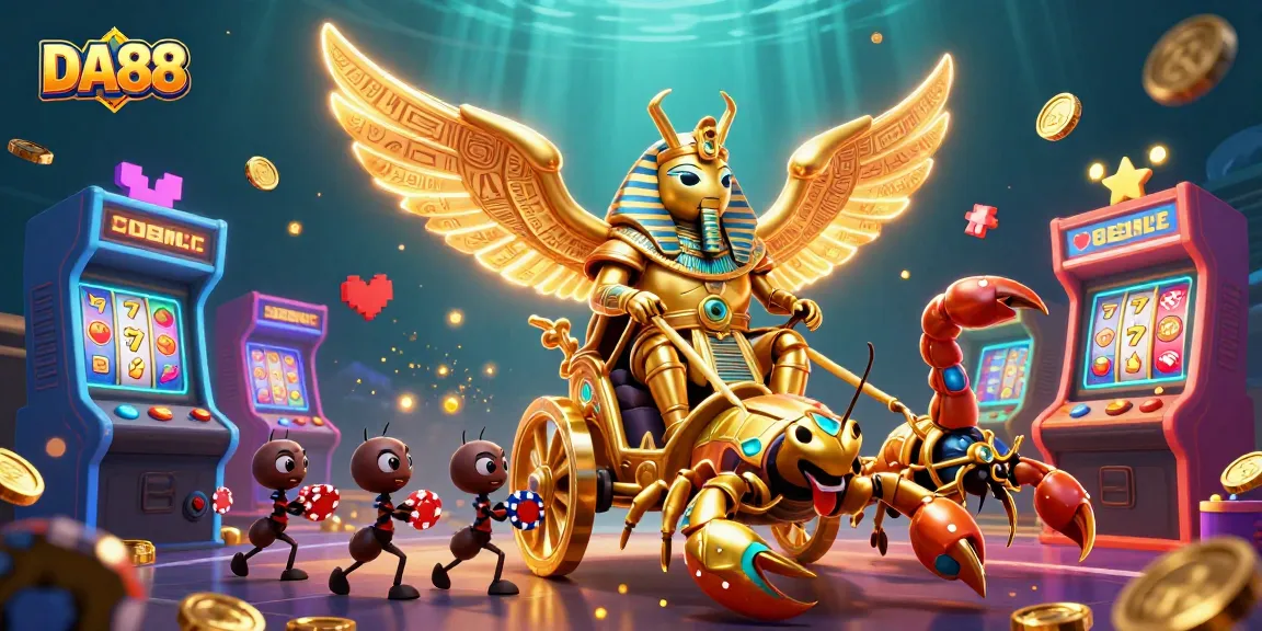 Play dynamic casino games with DA88, featuring a golden scarab beetle and vibrant slot reels.