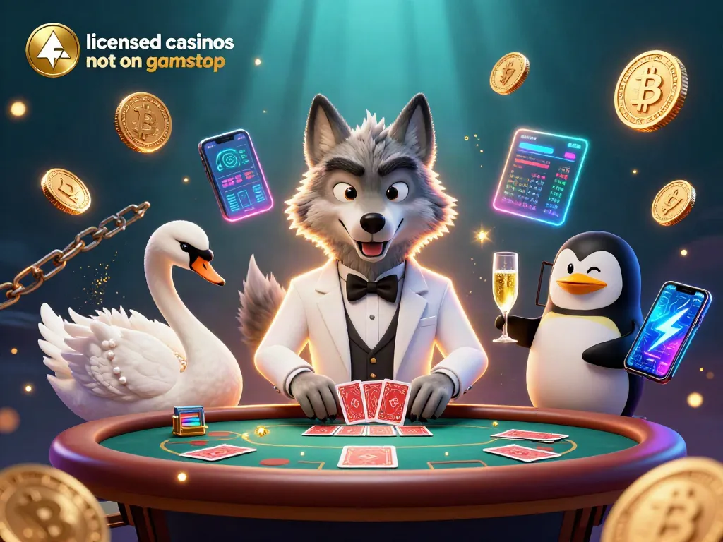 Engaging scene showcasing licensed casinos not on gamstop with a debonair wolf, swan dealer, and penguin sommelier.