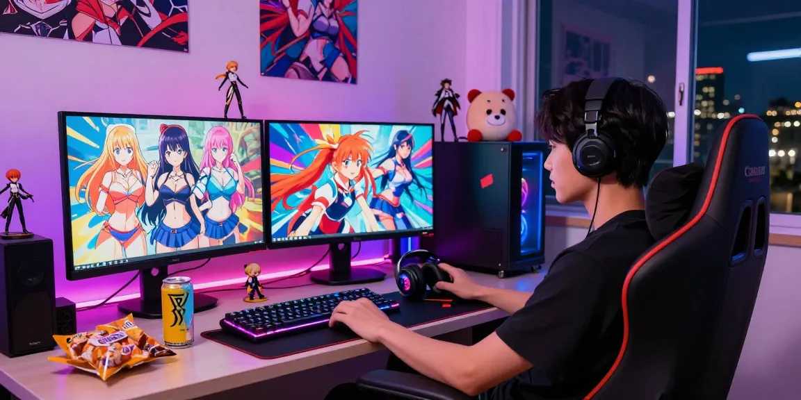 Engaging scene of a gamer enjoying hentai games in a colorful anime-themed room.