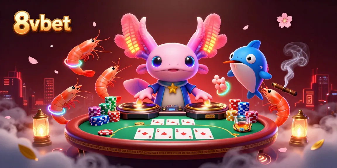 Experience the vibrant 8vbet casino scene with a neon-colored axolotl DJ and playful sea creatures.