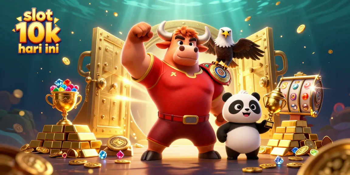 Win big with slot 10k hari ini as the bull mascot celebrates victory amidst dazzling treasures.