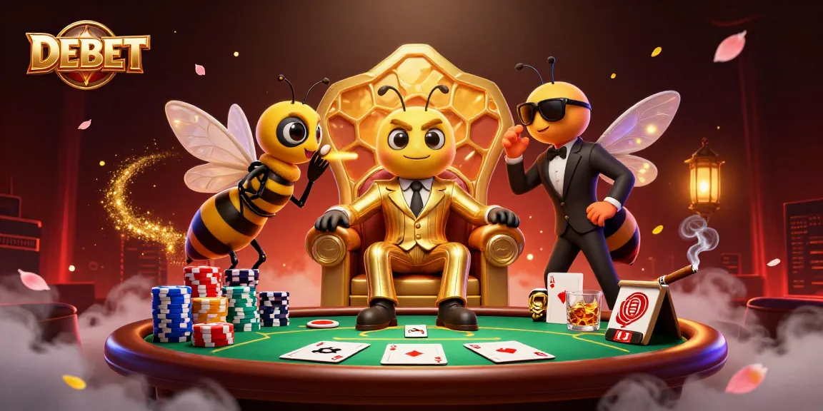 DEBET casino scene featuring a bumblebee mob boss, poker elements and rich gambling atmosphere.