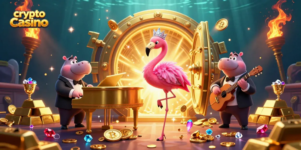 Engage with the vibrant ambiance of a crypto casino featuring lively characters and opulent treasures.