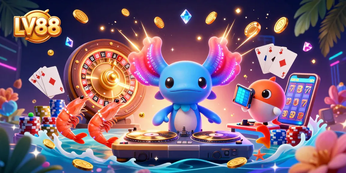 LV88 features a vibrant underwater casino scene with a DJ axolotl and glowing shrimp.